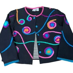 VTG Bleu Bayou Crewel Embroidered Cotton Jacket Womens S/P Colorful Art to Wear